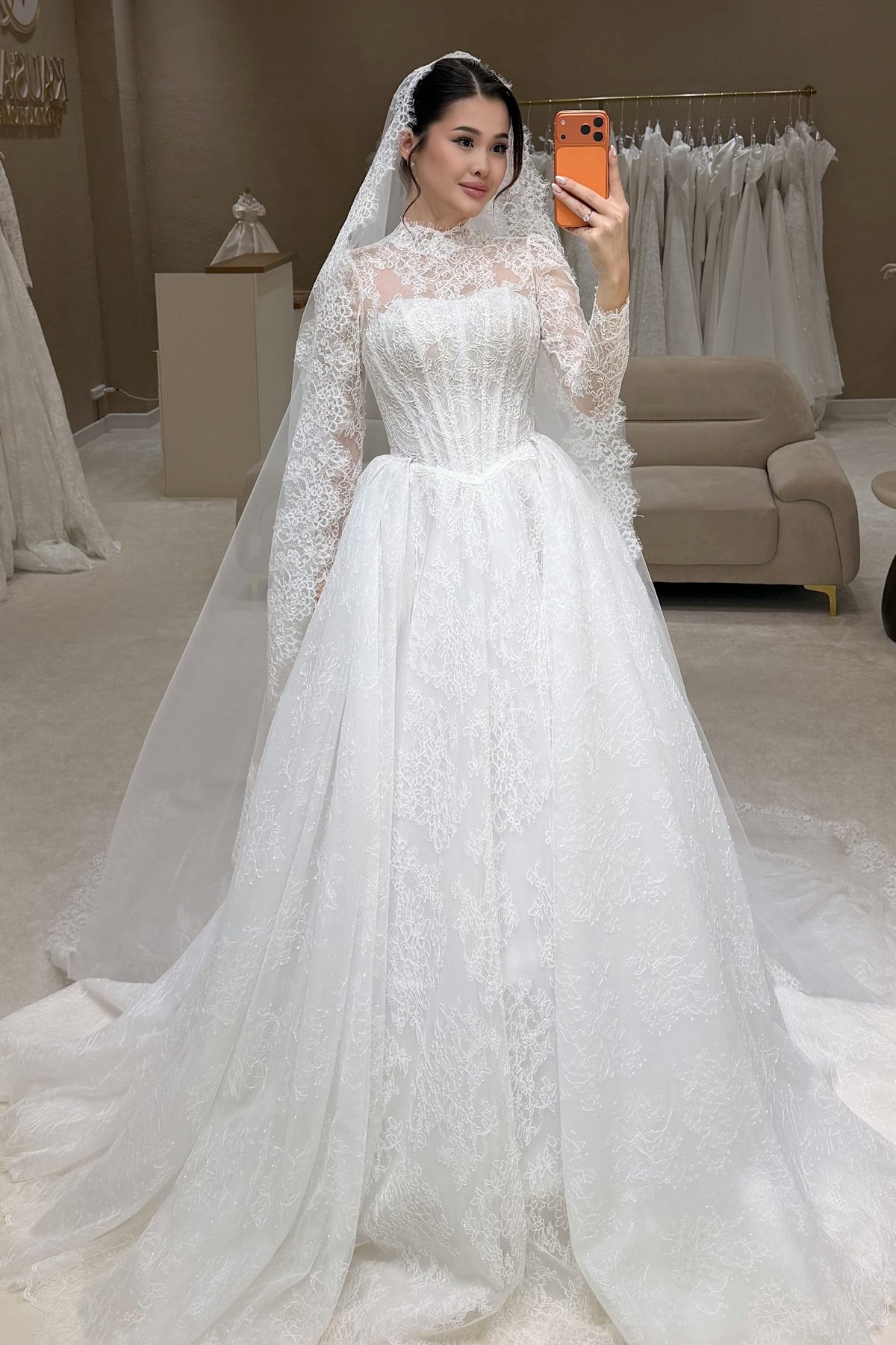 Lace High Neck Long Sleeve Corset Ball Gown Wedding Dress