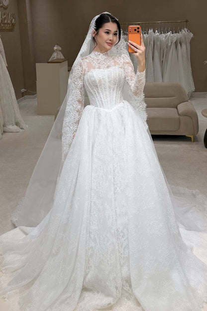 Lace High Neck Long Sleeve Corset Ball Gown Wedding Dress
