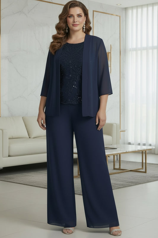 Navy Blue Chiffon 3-Piece Mother of the Bride Pantsuit with Sequin Lace Top