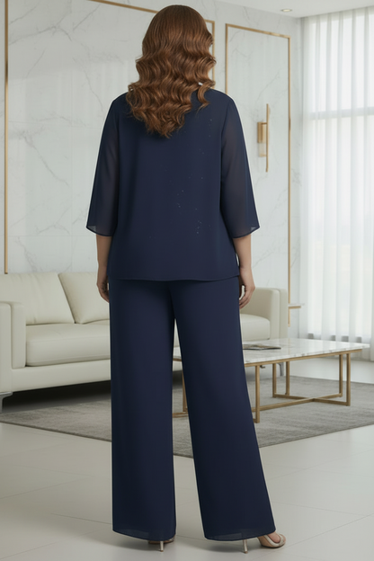 Navy Blue Chiffon 3-Piece Mother of the Bride Pantsuit with Sequin Lace Top