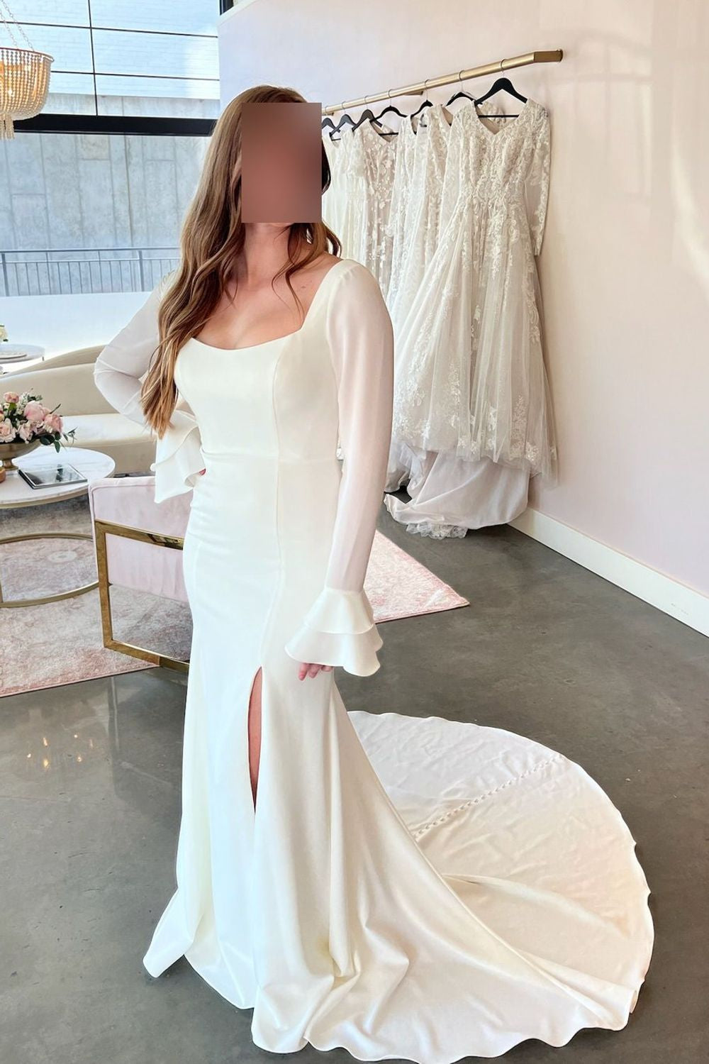 Square Neck Long Sleeve Mermaid Wedding Dress
