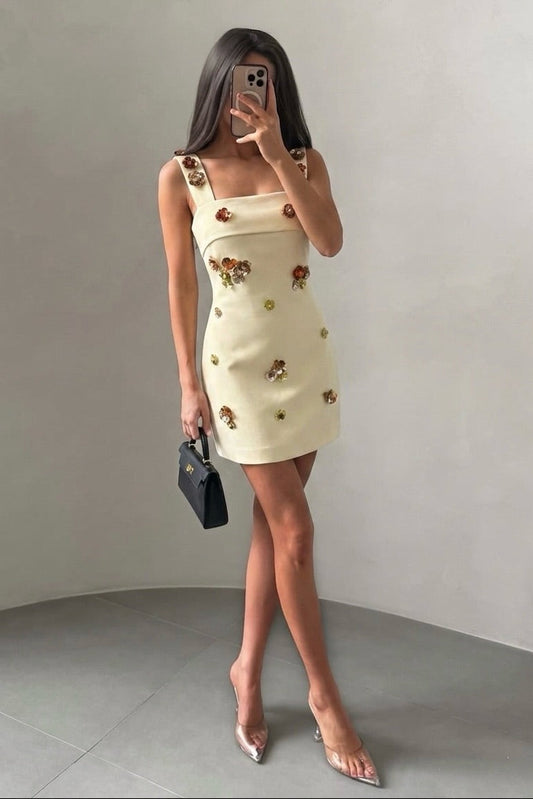 3D Flower Embellished Square Neck Mini Dress