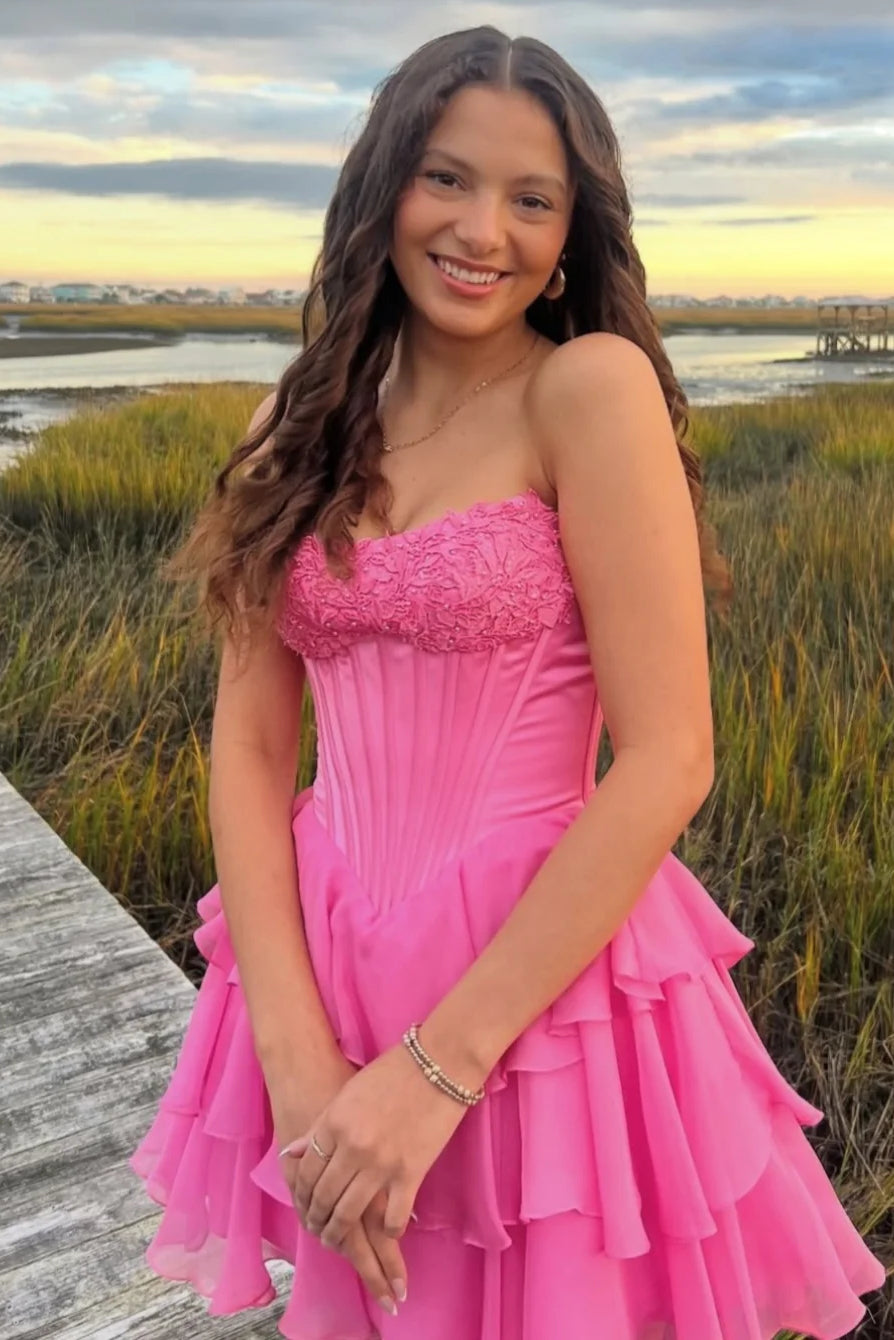 Tiered Ruffled Chiffon Strapless Corset Dress