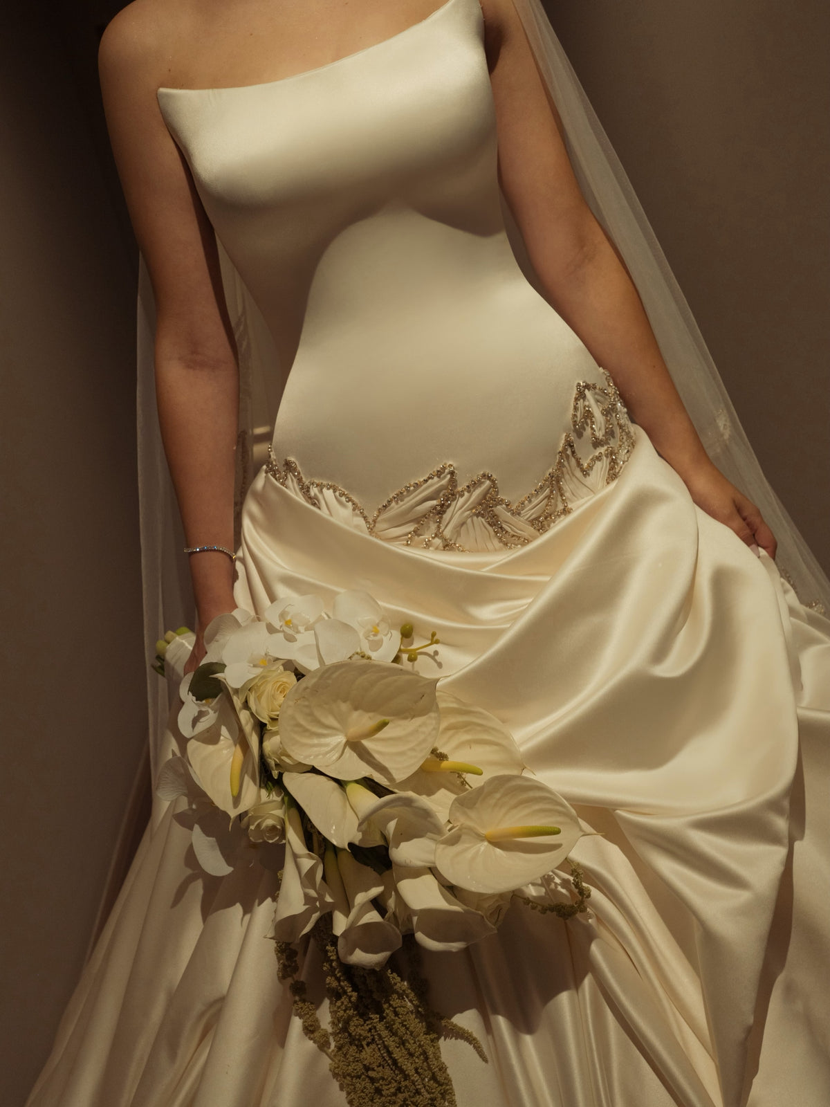 Strapless Drop Waist Satin Ball Gown