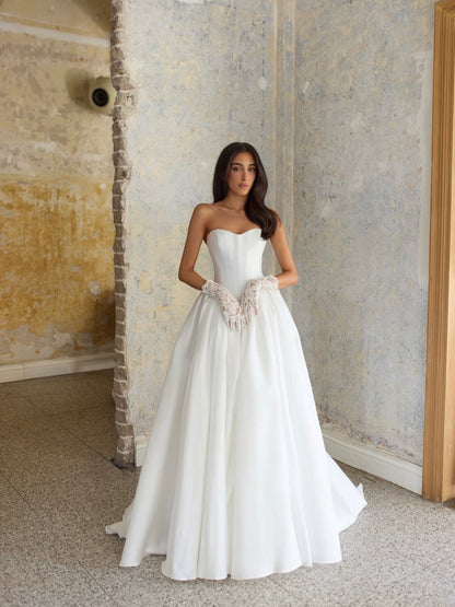 Strapless Basq-Waist Satin Ball Gown Wedding Dress