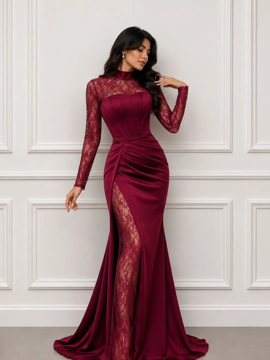 High Neck Lace & Satin Gown with High Slit