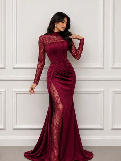 High Neck Lace & Satin Gown with High Slit