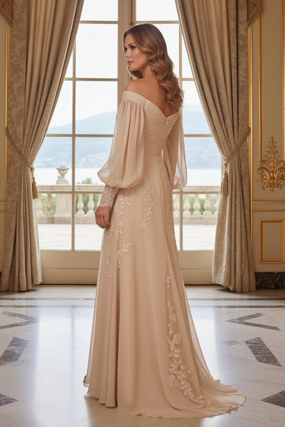 Off-the-Shoulder Pleated Gown with Illusion Sleeves