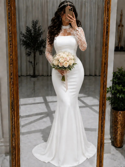 High Neck Lace Long Sleeve Mermaid Wedding Dress