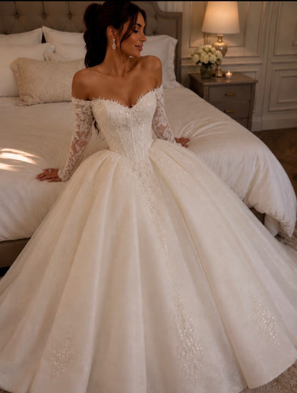 Off-the-Shoulder Lace Corset Ball Gown Wedding Dress