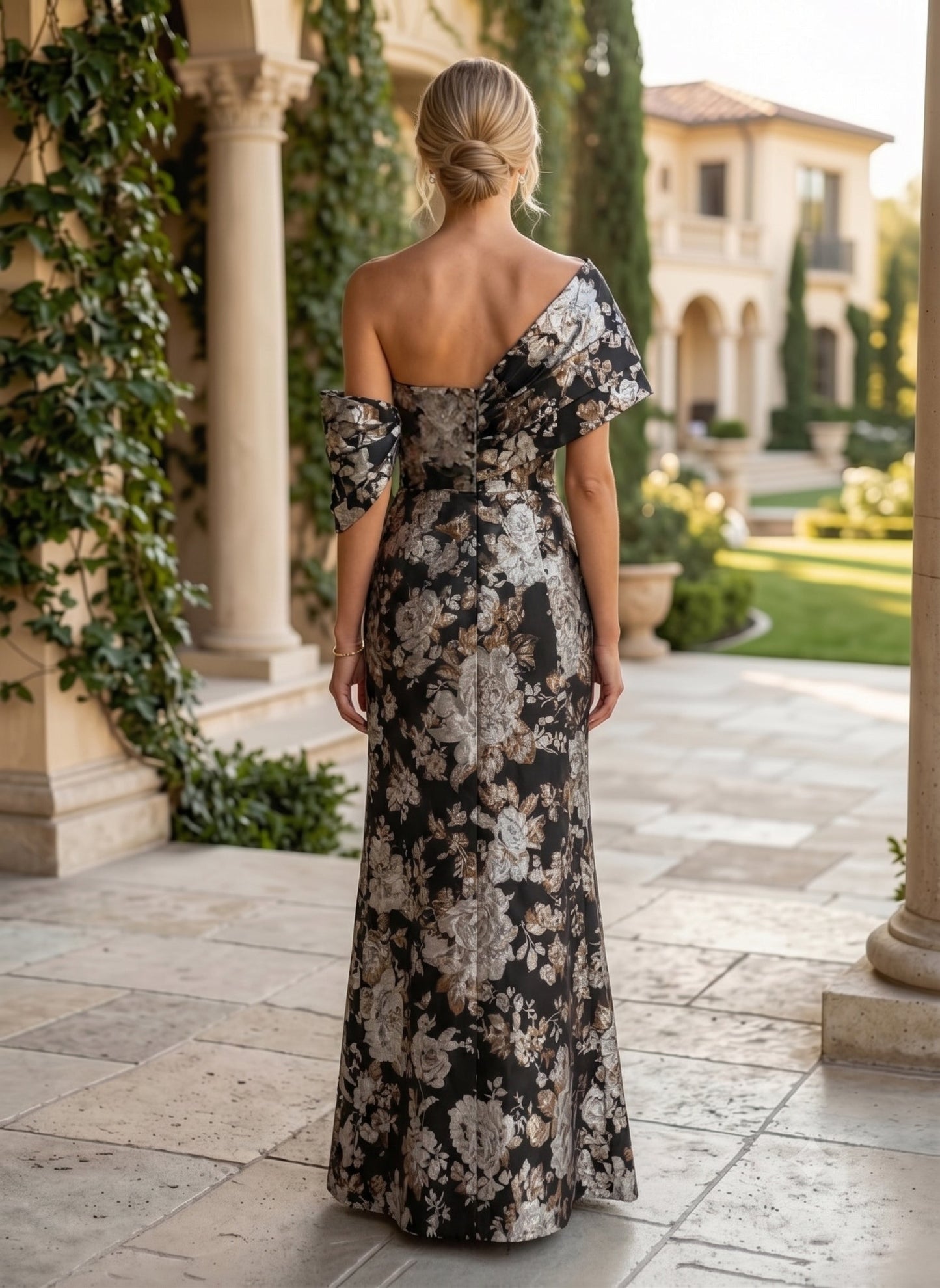 Asymmetrical Floral Jacquard One-Shoulder Evening Gown