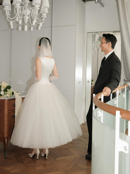 Bateau Neck Satin and Tulle Ball Gown Wedding Dress