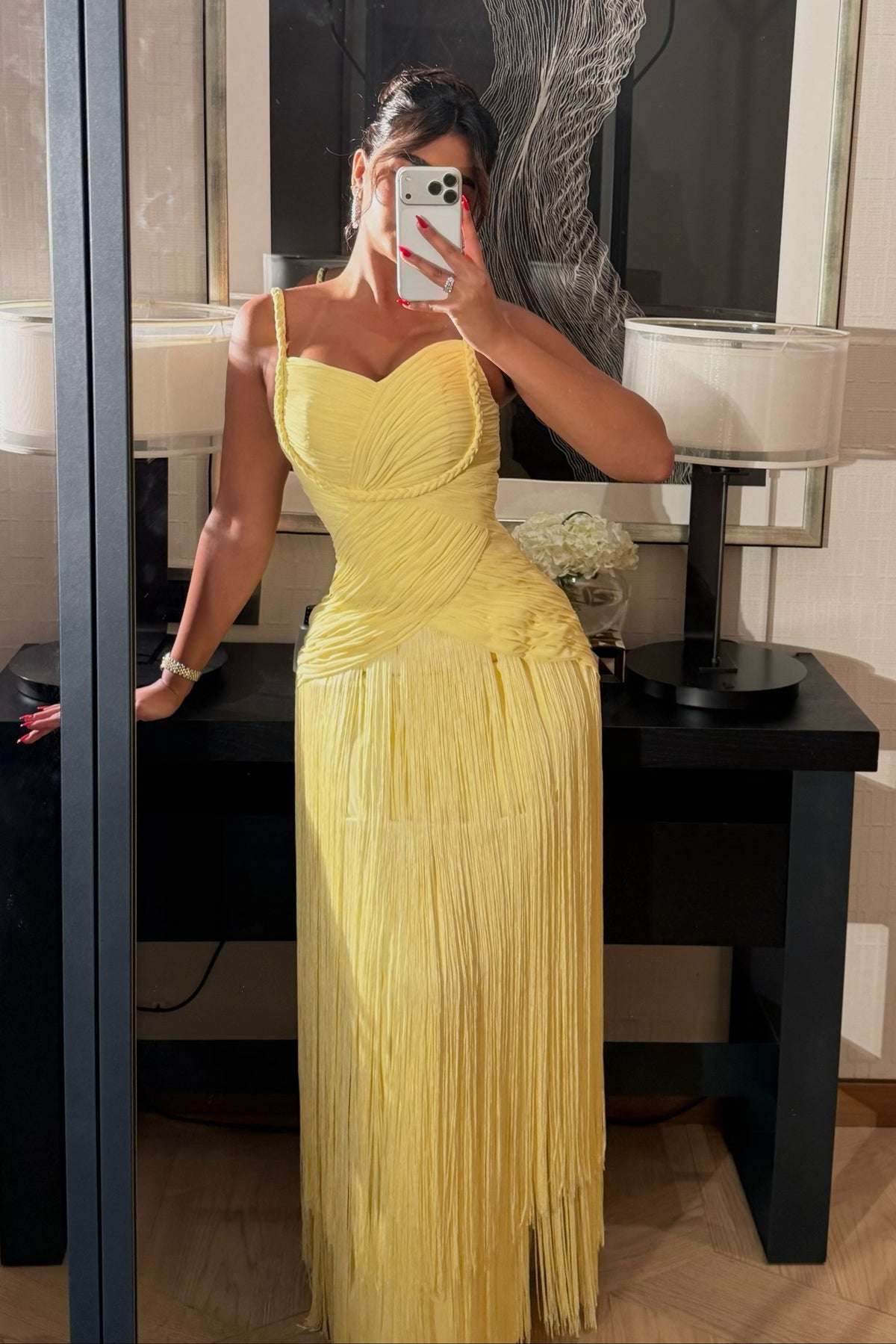 Pleated Sweetheart Maxi Gown with Tiered Fringe