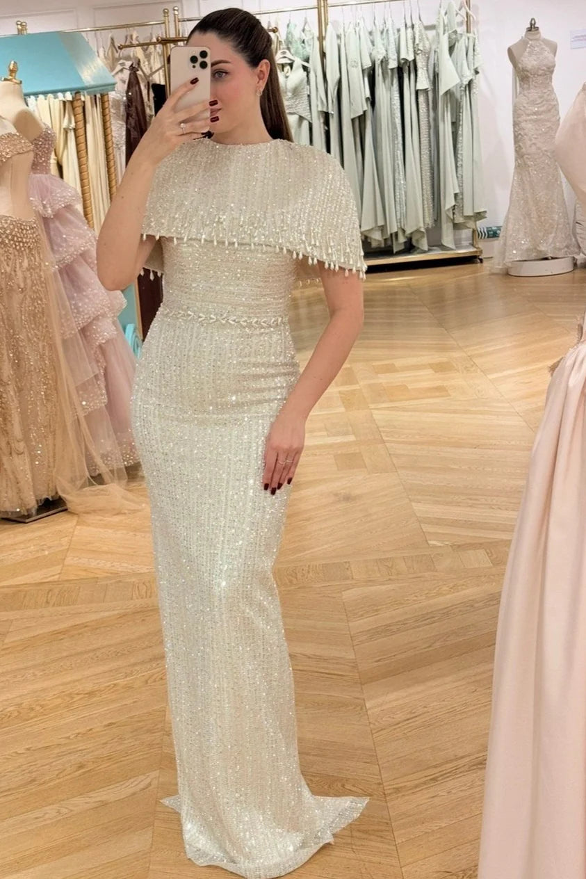 Sequined Cape Column Evening Gown