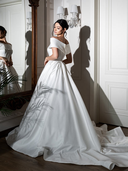 Off-the-Shoulder Satin Ball Gown Wedding Dress