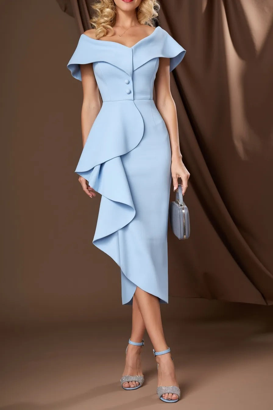 Off-the-Shoulder Cascade Ruffle Midi Dress