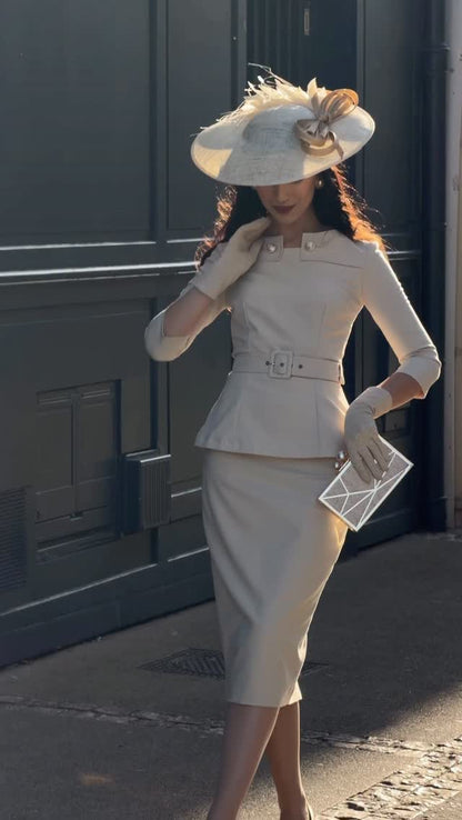 Peplum Belted Midi Dress with 3/4 Sleeves