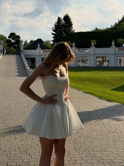 Off-Shoulder Fit and Flare Mini Dress with Beaded Straps
