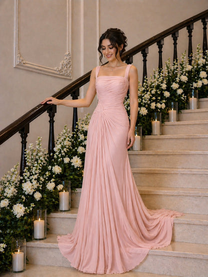 Ruched Chiffon Column Evening Gown with Train