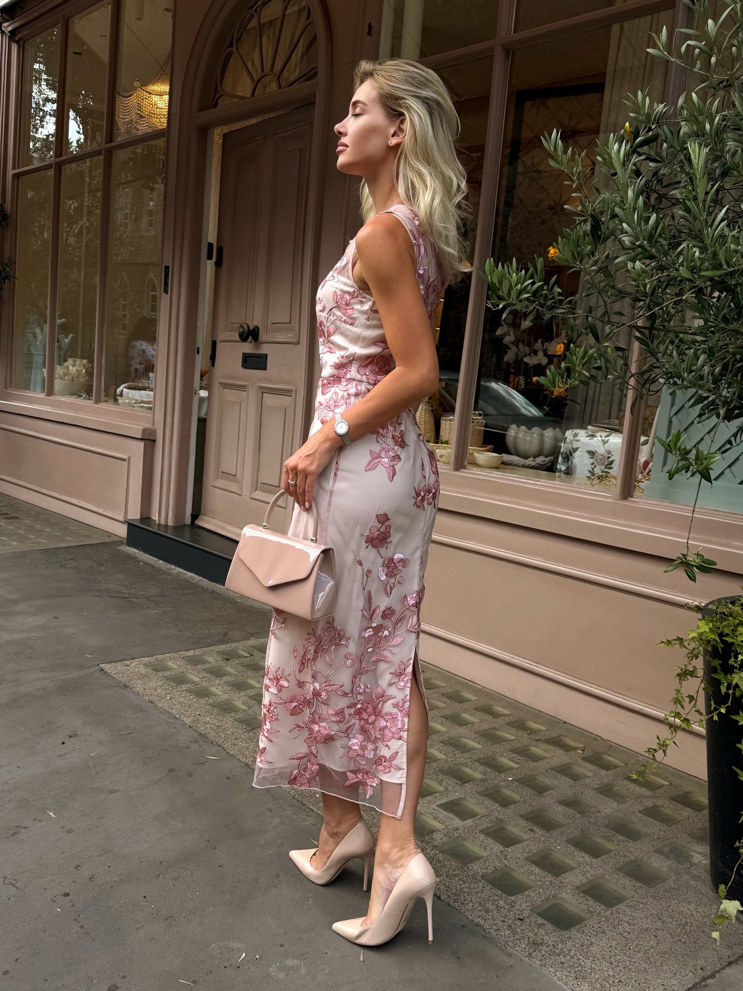 One-Shoulder Floral Embroidered Midi Sheath Dress