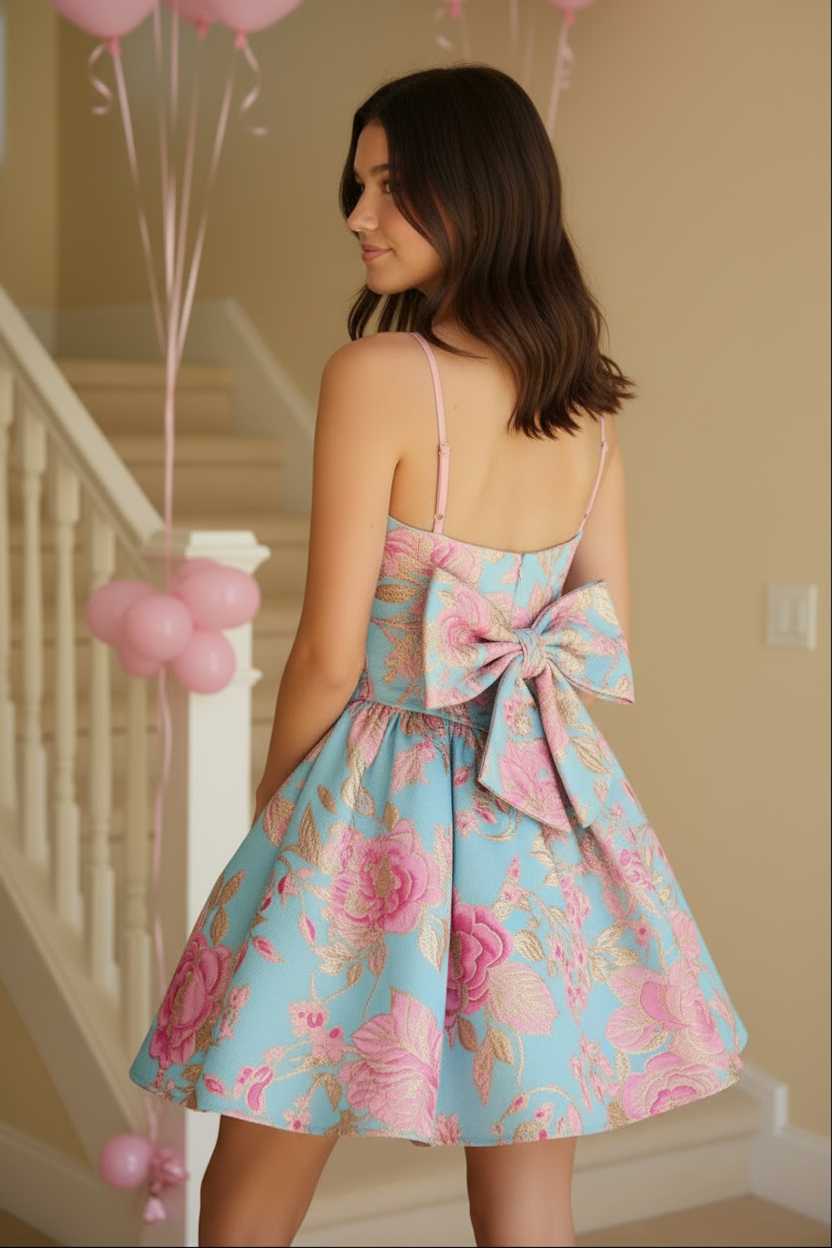 Floral Jacquard Mini Dress with Corset Bodice