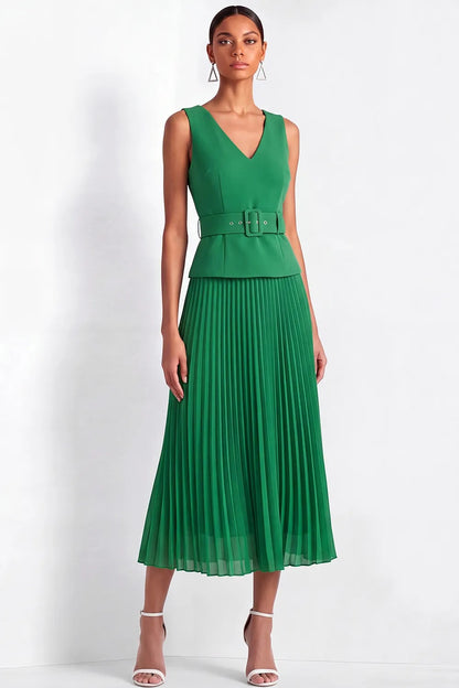 Sleeveless V-Neck Peplum Midi Dress with Belt