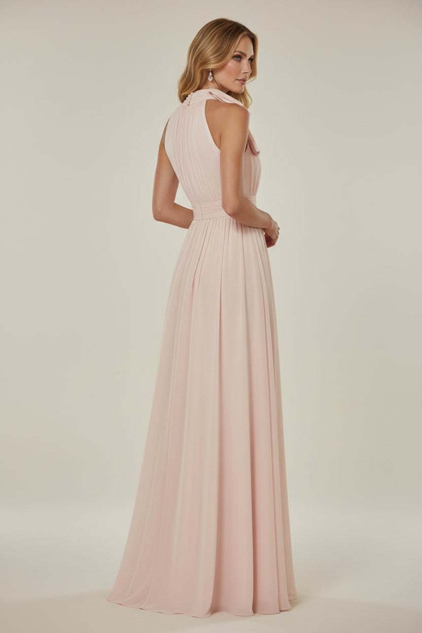 Pleated High-Neck Chiffon A-Line Maxi Dress