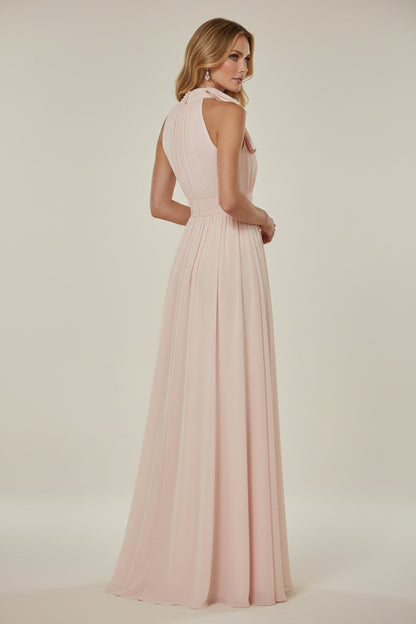 Pleated High-Neck Chiffon A-Line Maxi Dress