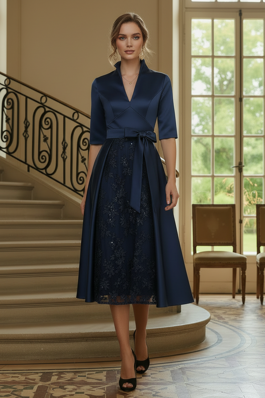 Elegant A-Line Satin Midi Dress with Sequin Skirt