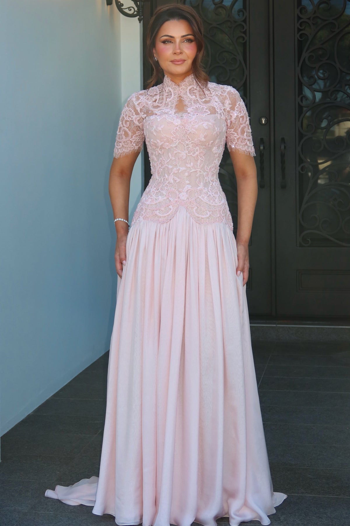 High Neck Lace Bodice Gown with Short Sleeves