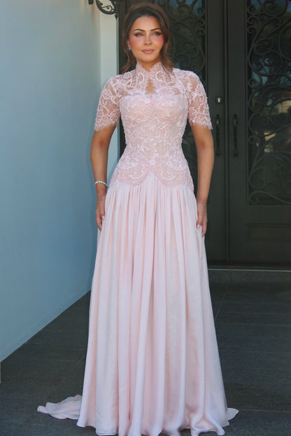 High Neck Lace Bodice Gown with Short Sleeves