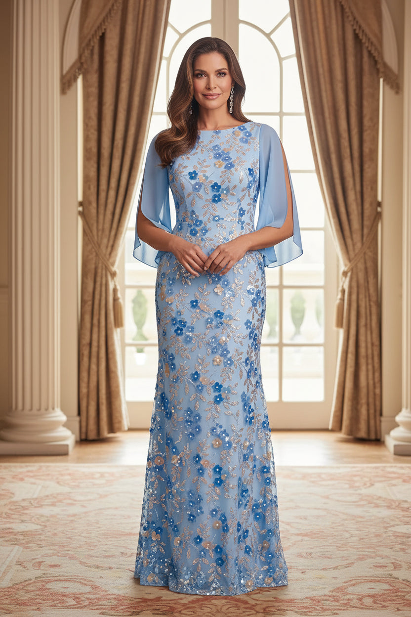 Floral Embroidered Sequin Mermaid Gown with Bell Sleeves