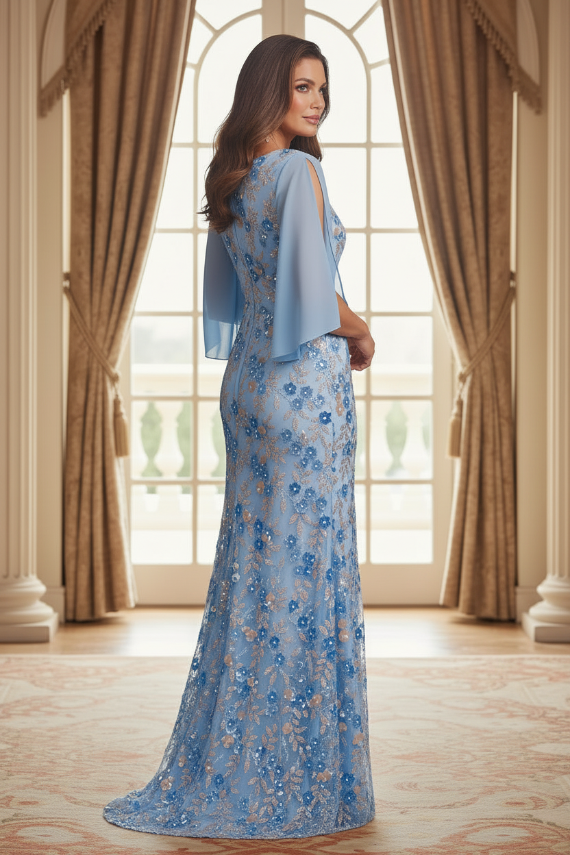 Floral Embroidered Sequin Mermaid Gown with Bell Sleeves