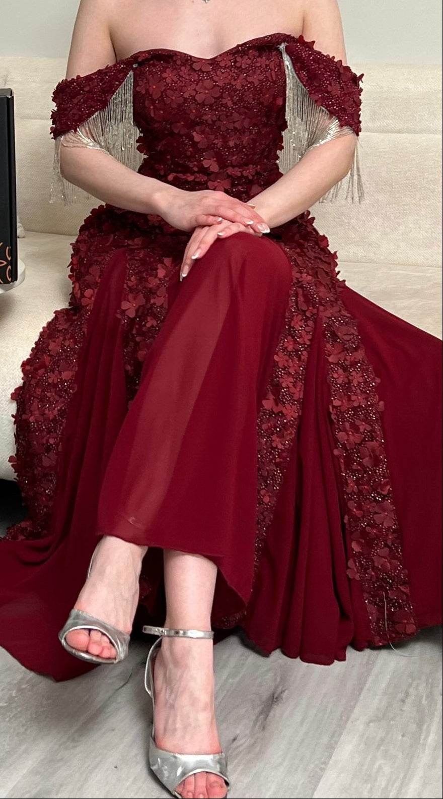 3D Floral Off-the-Shoulder Gown with Fringe