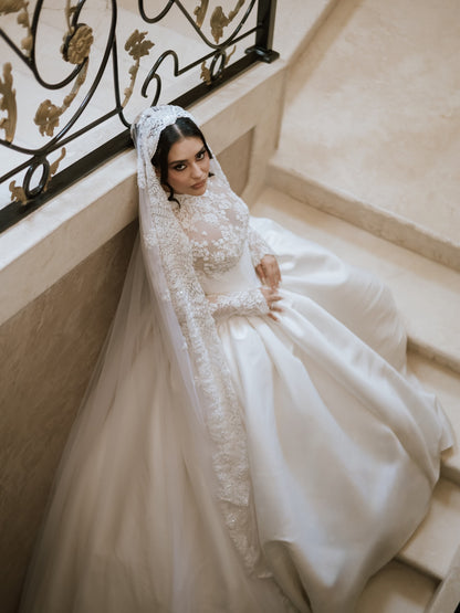 High Neck Lace Bodice Satin Ball Gown Wedding Dress