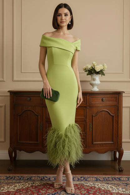 Elegant Off-the-Shoulder Feather Trim Midi Dress