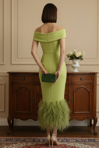 Elegant Off-the-Shoulder Feather Trim Midi Dress