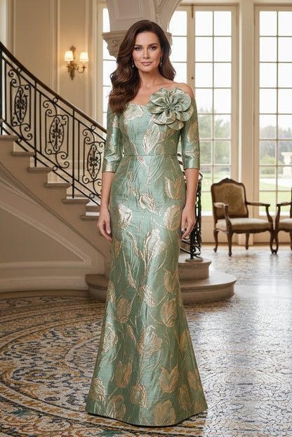 Off-Shoulder Metallic Floral Gown with 3D Flower