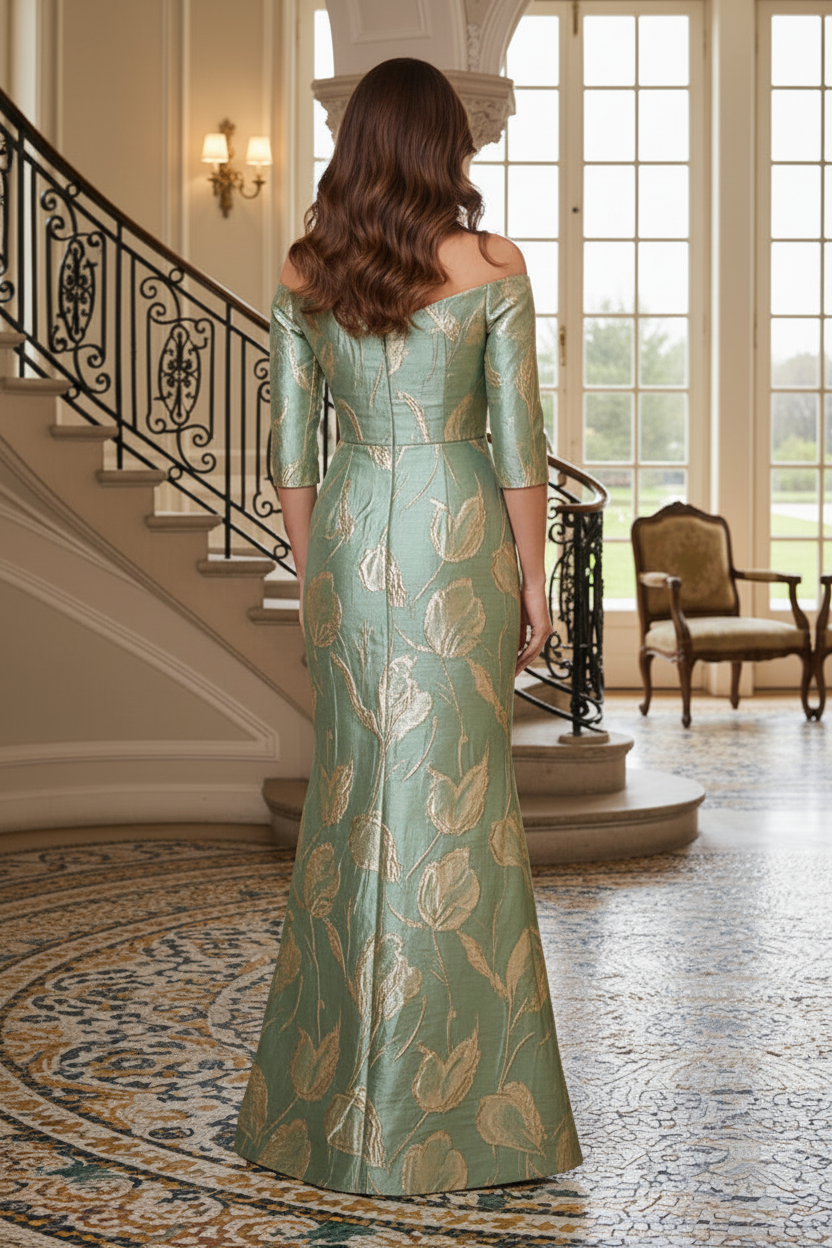 Off-Shoulder Metallic Floral Gown with 3D Flower