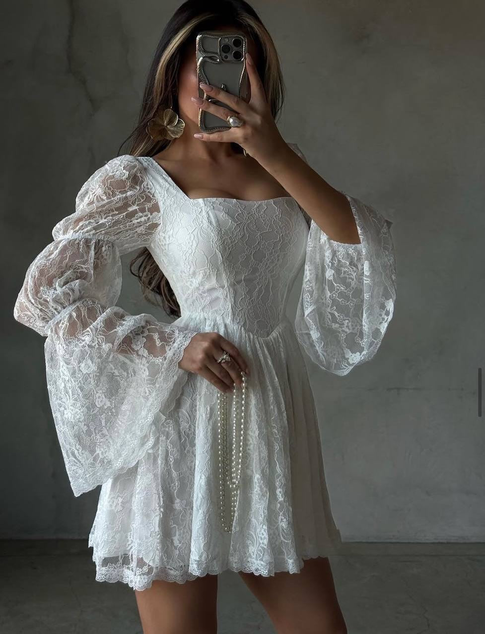 A-Line Square Neck Lace Mini Dress with Bell Sleeves