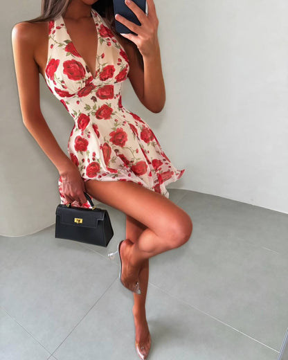 Floral Halter Neck Fit and Flare Mini Dress