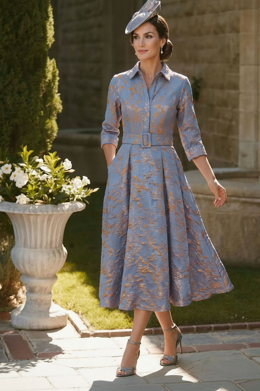 Elegant Jacquard A-Line Midi Dress with Belt