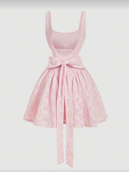 Square Neck Jacquard Mini Dress with Back Bow