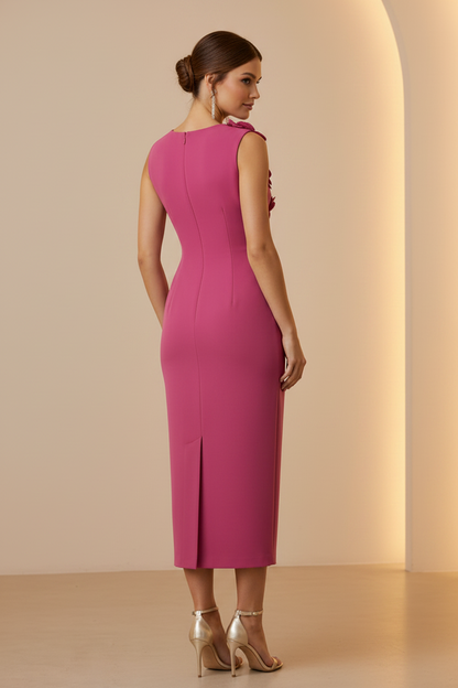 Sleeveless Midi Sheath Dress with 3D Flowers