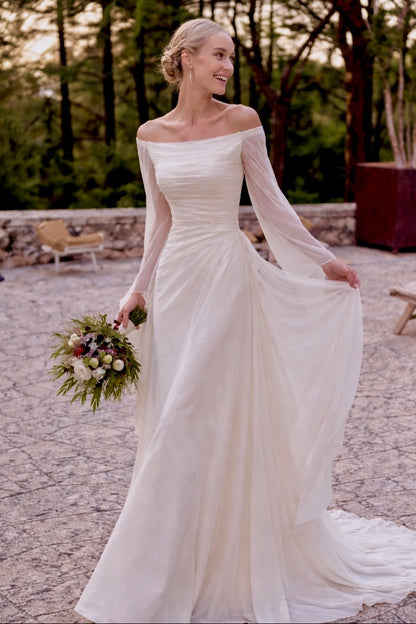 Off-Shoulder Ruched Chiffon Wedding Dress