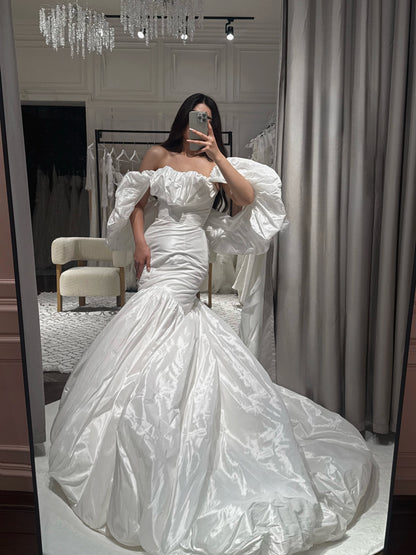 Ruched Mermaid Wedding Dress with Puff Sleeves