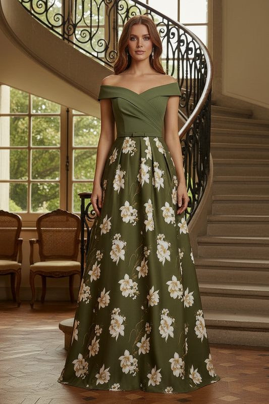 Off-the-Shoulder Floral A-Line Evening Gown