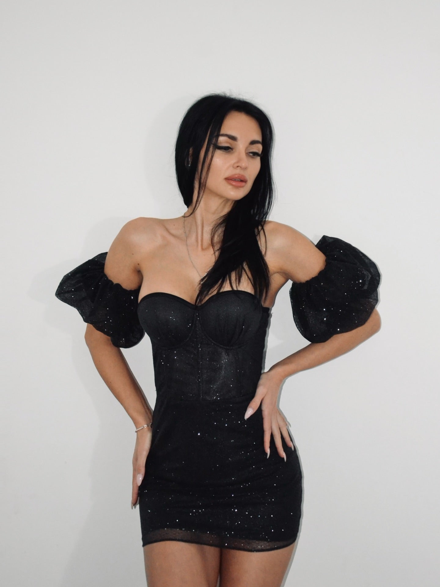 Off-the-Shoulder Glitter Corset Mini Dress