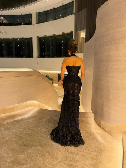 Halter Sequin Mermaid Gown with 3D Rosette Train