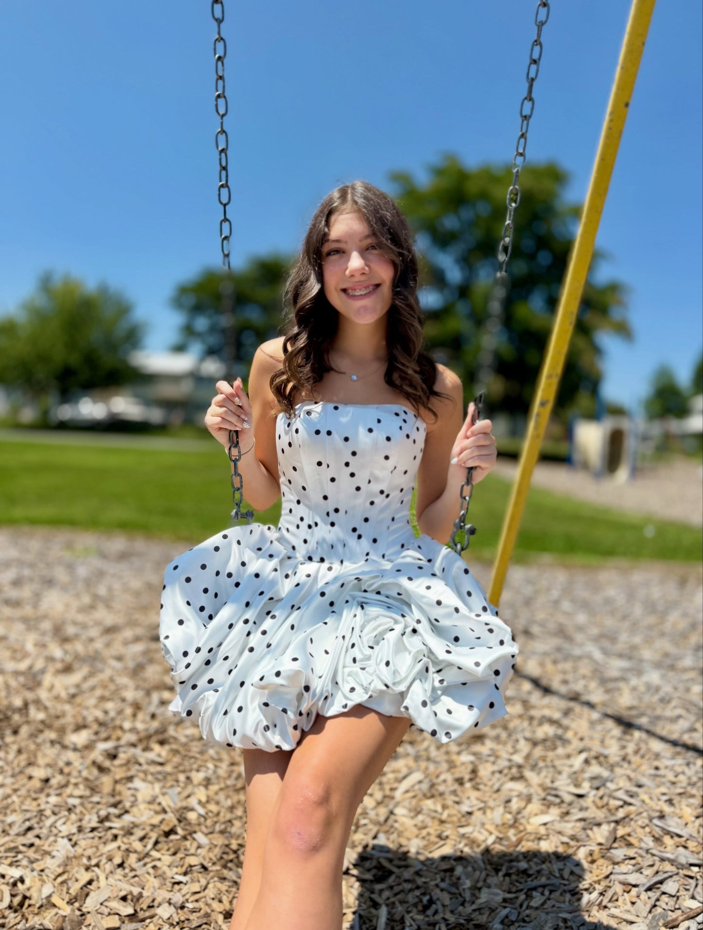 Strapless Polka Dot Mini Dress with Bubble Hem